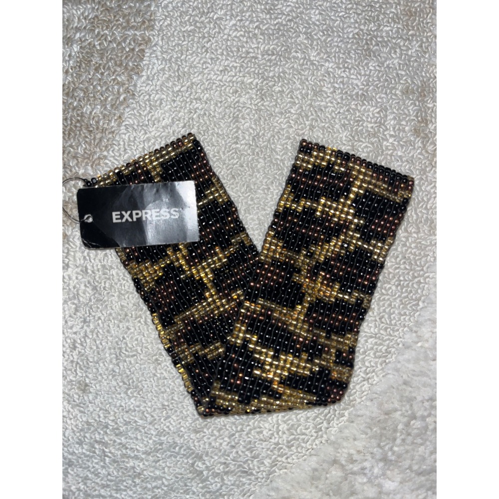 Express Beaded Leopard Print Elastic Waist Belt Gold Brown Black Small NWT Y2K